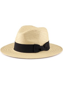 Straw Hat - predominant colour: ivory; secondary colour: black; occasions: casual, holiday; type of pattern: standard; style: panama; size: standard; material: macrame/raffia/straw; embellishment: ribbon; pattern: plain
