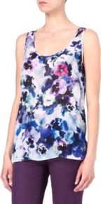 Floral Printed Silk Chiffon Vest - sleeve style: standard vest straps/shoulder straps; style: vest top; secondary colour: purple; occasions: casual, holiday; length: standard; neckline: scoop; fibres: silk - 100%; fit: loose; predominant colour: multicoloured; sleeve length: sleeveless; texture group: silky - light; trends: high impact florals; pattern type: fabric; pattern size: big & busy; pattern: florals