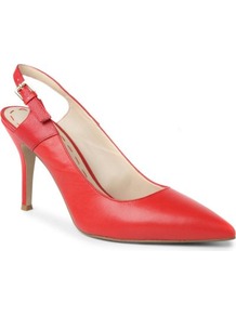 Foe Leather Slingback Courts - predominant colour: true red; occasions: evening, work, occasion; material: leather; heel height: high; heel: standard; toe: pointed toe; style: slingbacks; finish: plain; pattern: plain