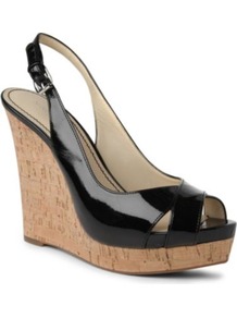 Laffnplay Patent Wedges - predominant colour: black; occasions: casual, evening, holiday; material: leather; heel: wedge; toe: open toe/peeptoe; style: standard; finish: patent; pattern: plain; heel height: very high