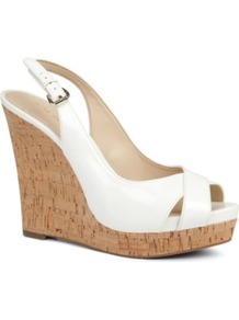 Laffnplay Wedge Sandals - predominant colour: white; occasions: casual, evening, holiday; material: leather; heel: wedge; toe: open toe/peeptoe; style: standard; finish: patent; pattern: plain; heel height: very high