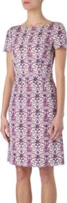 Nadia Dress - style: shift; neckline: slash/boat neckline; fit: tailored/fitted; predominant colour: white; secondary colour: purple; occasions: evening, work, occasion; length: just above the knee; fibres: silk - mix; sleeve length: short sleeve; sleeve style: standard; trends: modern geometrics; pattern type: fabric; pattern size: standard; pattern: patterned/print; texture group: other - light to midweight