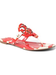 Miller Patent Leather Sandals - predominant colour: coral; occasions: casual, holiday; material: leather; heel height: flat; heel: stiletto; toe: toe thongs; style: standard; finish: patent; pattern: patterned/print