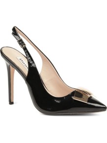 Cadet Patent Slingback Court Shoes - secondary colour: gold; predominant colour: black; occasions: evening, work, occasion; material: leather; heel: stiletto; toe: pointed toe; style: slingbacks; finish: patent; pattern: plain; embellishment: bow; heel height: very high