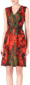 Dilenja Floral Dress - style: shift; neckline: v-neck; fit: fitted at waist; sleeve style: sleeveless; waist detail: structured pleats at waist; predominant colour: true red; secondary colour: dark green; occasions: casual, evening, occasion; length: just above the knee; fibres: silk - 100%; sleeve length: sleeveless; texture group: silky - light; trends: statement prints; pattern type: fabric; pattern size: big & busy; pattern: florals