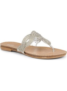 Jenna Chain Embellished Sandals - predominant colour: silver; occasions: casual, holiday; material: faux leather; heel height: flat; heel: standard; toe: toe thongs; style: flip flops / toe post; finish: metallic; pattern: plain; embellishment: chain/metal