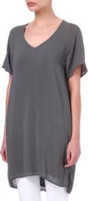 Soft Shift Dress - style: tunic; length: mid thigh; neckline: low v-neck; sleeve style: raglan; fit: loose; pattern: plain; predominant colour: mid grey; occasions: casual, holiday; fibres: viscose/rayon - 100%; back detail: longer hem at back than at front; sleeve length: short sleeve; trends: volume; pattern type: fabric; texture group: jersey - stretchy/drapey