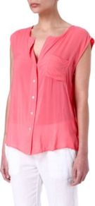 Sleeveless Sheer Blouse - neckline: round neck; pattern: plain; sleeve style: sleeveless; bust detail: pocket detail at bust; style: blouse; waist detail: twist front waist detail/nipped in at waist on one side/soft pleats/draping/ruching/gathering waist detail; predominant colour: pink; occasions: casual, evening, work, holiday; length: standard; fibres: viscose/rayon - 100%; fit: loose; hip detail: dip hem; shoulder detail: flat/draping pleats/ruching/gathering at shoulder; back detail: longer hem at back than at front; sleeve length: sleeveless; texture group: sheer fabrics/chiffon/organza etc.; pattern type: fabric