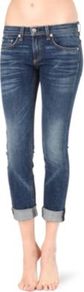 The Dre Boyfriend Mid Rise Jeans - pattern: plain; waist: low rise; pocket detail: traditional 5 pocket; style: slim leg; predominant colour: denim; occasions: casual, holiday; length: calf length; fibres: cotton - 100%; jeans detail: whiskering, shading down centre of thigh, washed/faded; jeans & bottoms detail: turn ups; texture group: denim; pattern type: fabric
