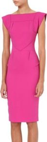Watson Dress - style: shift; neckline: slash/boat neckline; sleeve style: capped; fit: tailored/fitted; pattern: plain; predominant colour: hot pink; occasions: evening, work, occasion; length: on the knee; fibres: wool - 100%; sleeve length: short sleeve; trends: fluorescent; pattern type: fabric; texture group: woven light midweight