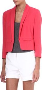 Aloha Blazer - pattern: plain; style: single breasted blazer; collar: shawl/waterfall; length: cropped; predominant colour: coral; occasions: evening; fit: tailored/fitted; sleeve length: 3/4 length; sleeve style: standard; collar break: low/open; pattern type: fabric; texture group: woven light midweight; fibres: viscose/rayon - mix