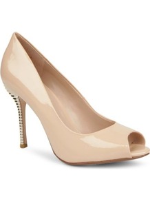 Dray Patent Leather Courts - predominant colour: nude; secondary colour: champagne; occasions: evening, work, occasion; material: leather; heel height: high; heel: stiletto; toe: open toe/peeptoe; style: courts; trends: metallics; finish: patent; pattern: plain