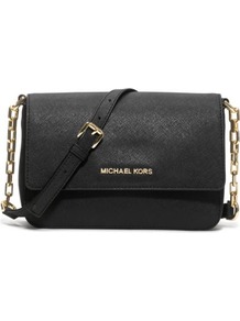 Selma Saffiano Leather Shoulder Bag - secondary colour: gold; predominant colour: black; occasions: casual, evening, work, occasion; type of pattern: standard; style: shoulder; length: shoulder (tucks under arm); size: standard; material: leather; pattern: plain; finish: plain; embellishment: chain/metal