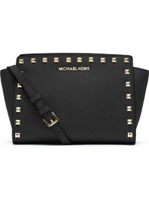 Selma Studded Saffiano Messenger Bag - secondary colour: gold; predominant colour: black; occasions: casual, evening, work, occasion; type of pattern: standard; style: messenger; length: shoulder (tucks under arm); size: standard; material: leather; embellishment: studs; pattern: plain; trends: metallics; finish: plain