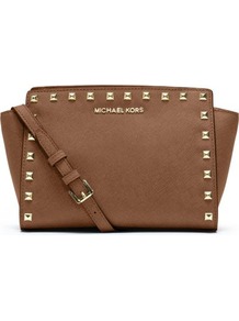 Selma Studded Saffiano Messenger Bag - predominant colour: tan; secondary colour: gold; occasions: casual, evening, work, occasion, holiday; type of pattern: standard; style: messenger; length: shoulder (tucks under arm); size: standard; material: leather; embellishment: studs; pattern: plain; trends: metallics; finish: plain