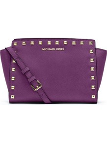 Selma Studded Saffiano Messenger Bag - predominant colour: purple; secondary colour: gold; occasions: casual, evening, work, occasion, holiday; type of pattern: standard; style: messenger; length: shoulder (tucks under arm); size: standard; material: leather; embellishment: studs; pattern: plain; trends: metallics; finish: plain