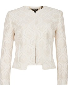 Ted Baker Amarah Cropped Jacquard Jacket - style: cropped; length: cropped; collar: high neck; predominant colour: ivory; occasions: evening; fit: tailored/fitted; fibres: polyester/polyamide - mix; sleeve length: long sleeve; sleeve style: standard; texture group: ornate wovens; collar break: high; pattern type: fabric; pattern size: standard; pattern: patterned/print