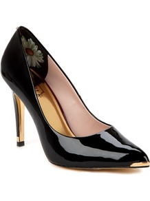 Ted Baker Neevo Pointed Court Shoe - secondary colour: gold; predominant colour: black; occasions: evening, work, occasion; material: leather; heel height: high; heel: stiletto; toe: pointed toe; style: courts; trends: metallics; finish: patent; pattern: plain; embellishment: chain/metal