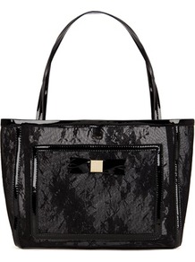 Ted Baker Larton Small Lace Shopper Bag - secondary colour: white; predominant colour: black; occasions: casual, evening, work, occasion; type of pattern: small; style: tote; length: shoulder (tucks under arm); size: oversized; material: faux leather; pattern: plain; finish: patent; embellishment: lace