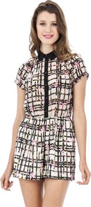 Print Collar Playsuit - neckline: shirt collar/peter pan/zip with opening; fit: tailored/fitted; waist detail: elasticated waist; bust detail: buttons at bust (in middle at breastbone)/zip detail at bust; length: mid thigh shorts; predominant colour: ivory; secondary colour: black; occasions: casual; fibres: polyester/polyamide - 100%; sleeve length: short sleeve; sleeve style: standard; texture group: silky - light; style: playsuit; pattern type: fabric; pattern size: standard; pattern: patterned/print
