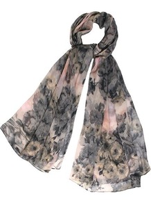 Etched Print Scarf, Pink - secondary colour: nude; predominant colour: charcoal; occasions: casual; type of pattern: standard; style: regular; size: standard; material: fabric; pattern: florals