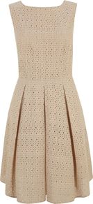Honey Brodrais Dress, Neutral - neckline: round neck; pattern: plain; sleeve style: sleeveless; waist detail: fitted waist; predominant colour: stone; occasions: casual, holiday; length: just above the knee; fit: fitted at waist & bust; style: fit & flare; fibres: polyester/polyamide - mix; hip detail: structured pleats at hip; sleeve length: sleeveless; pattern type: fabric; texture group: broiderie anglais