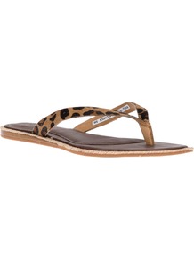 'Allaria' Flip Flop - predominant colour: camel; secondary colour: black; occasions: casual, holiday; material: plastic/rubber; heel height: flat; heel: standard; toe: toe thongs; style: flip flops / toe post; finish: plain; pattern: animal print