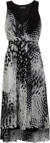 Kaylie Printed Wrap Maxi Dress, Multi - style: faux wrap/wrap; neckline: low v-neck; fit: empire; sleeve style: sleeveless; secondary colour: light grey; predominant colour: black; occasions: evening; length: on the knee; fibres: viscose/rayon - 100%; hip detail: soft pleats at hip/draping at hip/flared at hip; back detail: longer hem at back than at front; sleeve length: sleeveless; texture group: sheer fabrics/chiffon/organza etc.; pattern type: fabric; pattern size: big & busy; pattern: patterned/print