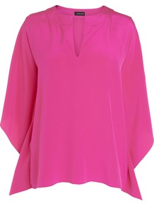 Silk Kaftan, Bright Pink - pattern: plain; sleeve style: kimono; style: kaftan; predominant colour: hot pink; occasions: evening, holiday; length: standard; neckline: mandarin with v-neck; fibres: silk - 100%; fit: loose; sleeve length: 3/4 length; texture group: silky - light; pattern type: fabric