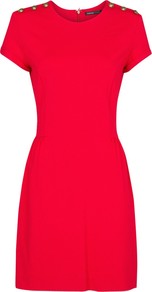 Decorative Buttoned Dress, Red - style: shift; length: mid thigh; fit: tailored/fitted; pattern: plain; predominant colour: true red; occasions: casual, evening, work, occasion; fibres: viscose/rayon - stretch; neckline: crew; shoulder detail: added shoulder detail; sleeve length: short sleeve; sleeve style: standard; pattern type: fabric; texture group: jersey - stretchy/drapey