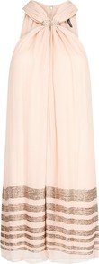 Chiffon Beaded Dress, Vintage Rose - style: smock; neckline: v-neck; fit: loose; pattern: horizontal stripes; sleeve style: sleeveless; back detail: racer back/sports back; predominant colour: blush; secondary colour: gold; occasions: evening, occasion; length: just above the knee; fibres: silk - 100%; sleeve length: sleeveless; texture group: sheer fabrics/chiffon/organza etc.; trends: volume; pattern type: fabric; embellishment: beading
