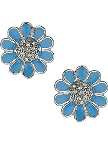 Enamel Blue Flower Studs - predominant colour: turquoise; secondary colour: silver; occasions: evening, work, occasion, holiday; style: stud; length: short; size: standard; material: chain/metal; fastening: pierced; finish: metallic; embellishment: crystals