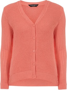 Coral Rib Cardigan - neckline: v-neck; pattern: plain; predominant colour: coral; occasions: casual, work; length: standard; style: standard; fibres: cotton - mix; fit: standard fit; back detail: longer hem at back than at front; sleeve length: long sleeve; sleeve style: standard; texture group: knits/crochet; pattern type: knitted - other