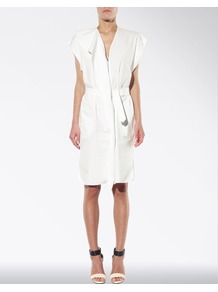 Cotton Poplin Somer Dress - style: shift; neckline: low v-neck; sleeve style: capped; fit: tailored/fitted; pattern: plain; waist detail: belted waist/tie at waist/drawstring; predominant colour: white; occasions: evening; length: just above the knee; fibres: cotton - 100%; sleeve length: short sleeve; texture group: cotton feel fabrics; pattern type: fabric