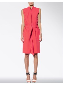 Cotton Poplin Somerset Dress - style: shift; pattern: plain; sleeve style: sleeveless; waist detail: belted waist/tie at waist/drawstring; predominant colour: coral; occasions: evening, occasion; length: just above the knee; fit: straight cut; neckline: collarstand; fibres: cotton - 100%; sleeve length: sleeveless; texture group: cotton feel fabrics; trends: fluorescent; hip detail: ruffles/tiers/tie detail at hip; pattern type: fabric