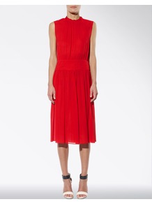 Solid Georgette Lucinda Dress - style: shift; length: below the knee; fit: fitted at waist; pattern: plain; sleeve style: sleeveless; back detail: tie detail at back; predominant colour: true red; occasions: evening, occasion; fibres: silk - 100%; neckline: crew; sleeve length: sleeveless; texture group: sheer fabrics/chiffon/organza etc.; pattern type: fabric