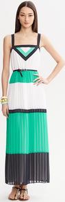 Milly Collection Colorblock Pleated Patio Dress - sleeve style: spaghetti straps; fit: fitted at waist; style: maxi dress; length: ankle length; waist detail: belted waist/tie at waist/drawstring; predominant colour: ivory; secondary colour: emerald green; occasions: evening, occasion, holiday; fibres: polyester/polyamide - 100%; hip detail: structured pleats at hip; sleeve length: sleeveless; texture group: sheer fabrics/chiffon/organza etc.; neckline: low square neck; pattern type: fabric; pattern size: standard; pattern: colourblock