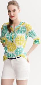Milly Collection Medallion Print Roll Sleeve Top - neckline: v-neck; bust detail: buttons at bust (in middle at breastbone)/zip detail at bust; predominant colour: yellow; secondary colour: mint green; occasions: casual, holiday; length: standard; style: top; fibres: polyester/polyamide - 100%; fit: body skimming; sleeve length: 3/4 length; sleeve style: standard; texture group: sheer fabrics/chiffon/organza etc.; pattern type: fabric; pattern size: big & busy; pattern: patterned/print