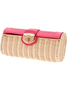 Milly Collection Patent Wicker Clutch - predominant colour: coral; secondary colour: nude; occasions: casual, evening, holiday; type of pattern: light; style: clutch; length: hand carry; size: small; material: macrame/raffia/straw; finish: plain; pattern: colourblock
