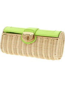 Milly Collection Patent Wicker Clutch - predominant colour: lime; secondary colour: nude; occasions: casual, evening, occasion, holiday; type of pattern: light; style: clutch; length: hand carry; size: small; material: macrame/raffia/straw; trends: fluorescent; finish: plain; pattern: colourblock