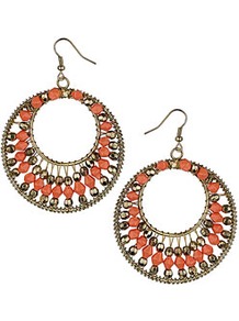 Coral Bead Hoop Drop Earrings - predominant colour: coral; secondary colour: bronze; occasions: casual, evening, occasion, holiday; style: hoop; length: long; size: large/oversized; material: chain/metal; fastening: pierced; finish: metallic; embellishment: beading