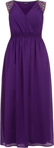 Scarlett & Jo Purple Embellished Maxi Dress - neckline: v-neck; fit: empire; pattern: plain; sleeve style: sleeveless; style: maxi dress; length: ankle length; bust detail: ruching/gathering/draping/layers/pintuck pleats at bust; predominant colour: purple; occasions: evening, occasion; fibres: polyester/polyamide - 100%; hip detail: soft pleats at hip/draping at hip/flared at hip; shoulder detail: added shoulder detail; sleeve length: sleeveless; texture group: sheer fabrics/chiffon/organza etc.; pattern type: fabric; embellishment: sequins