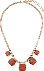 Coral Square Stone Necklace - predominant colour: coral; secondary colour: gold; occasions: casual, evening, work, occasion, holiday; style: standard; length: mid; size: standard; material: chain/metal; finish: plain; embellishment: beading