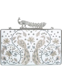 Designed Peacock Clutch - predominant colour: white; secondary colour: silver; occasions: evening; style: clutch; length: hand carry; size: small; material: faux leather; embellishment: embroidered; finish: plain; pattern: patterned/print