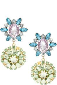 Double Flower Drop Earring - occasions: evening, occasion; predominant colour: multicoloured; style: drop; length: long; size: large/oversized; material: chain/metal; fastening: pierced; finish: metallic; embellishment: jewels