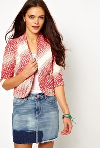 Quilted Bed Jacket - style: single breasted blazer; collar: shawl/waterfall; secondary colour: white; predominant colour: true red; occasions: casual; length: standard; fit: tailored/fitted; fibres: cotton - 100%; sleeve length: long sleeve; sleeve style: standard; collar break: low/open; pattern type: fabric; pattern size: big & busy; pattern: patterned/print; texture group: other - bulky/heavy
