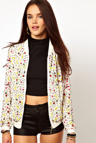 Beaded Jacket - pattern: plain; collar: standard biker; fit: slim fit; style: bomber; predominant colour: ivory; occasions: casual, evening; length: standard; fibres: polyester/polyamide - 100%; sleeve length: long sleeve; sleeve style: standard; collar break: high/illusion of break when open; pattern type: fabric; texture group: other - light to midweight; embellishment: beading