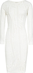 Neo Lace Bodycon Dress - fit: tight; style: bodycon; predominant colour: white; occasions: evening, occasion; length: just above the knee; fibres: polyester/polyamide - mix; neckline: crew; sleeve length: long sleeve; sleeve style: standard; texture group: lace; trends: high impact florals; pattern type: fabric; pattern size: standard; pattern: florals; embellishment: lace