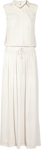 Chiffon Maxi Dress - neckline: shirt collar/peter pan/zip with opening; fit: fitted at waist; pattern: plain; sleeve style: sleeveless; style: maxi dress; waist detail: belted waist/tie at waist/drawstring; predominant colour: white; occasions: casual, holiday; length: floor length; fibres: polyester/polyamide - 100%; sleeve length: sleeveless; texture group: sheer fabrics/chiffon/organza etc.; pattern type: fabric