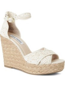 Marrvil Crochet Wedge Sandals - predominant colour: ivory; occasions: casual, holiday; material: lace; heel height: high; ankle detail: ankle strap; heel: wedge; toe: open toe/peeptoe; style: standard; finish: plain; pattern: plain
